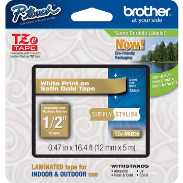 BROTHER MOBILE, 0.47 IN X 16.4 FT (12MM X 5M), WHITE INK ON SATIN GOLD LABEL, COMPATIBLE WITH ALL HGE/TZE MODELS