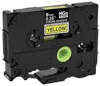 BROTHER MOBILE,  HG EXTRA STRENGTH ADHESIVE TAPES, (5 PACK) - 0.35 IN X 26.2 FT (9MM X 8M) BLACK ON YELLOW