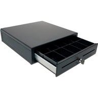 imagen de Cajón de Dinero APG Minota 1616, Deslizante, de Apertura Frontal, Cableado, 24V, Negro, 8C4N, Bandeja de Metal